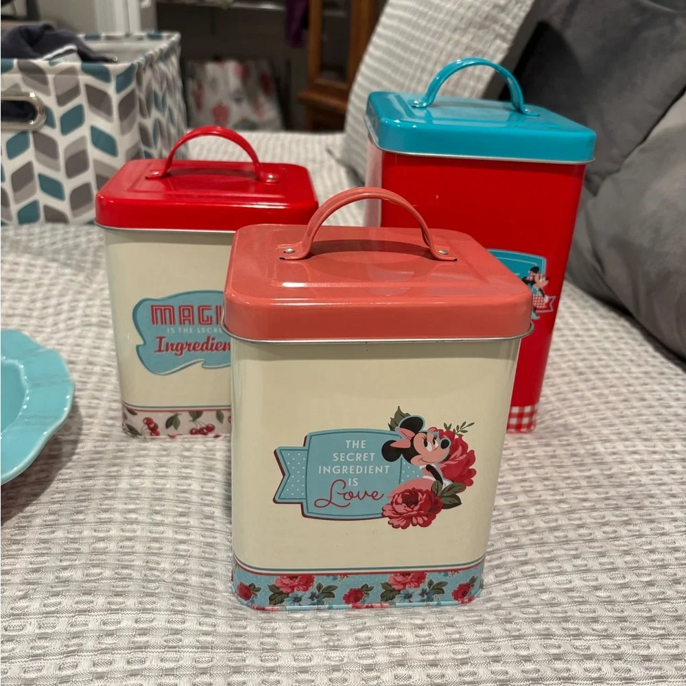 Disney Retro Minnie Mouse Red Teal Kitchen Canister Set with Rolling Pin
